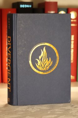 A blue hardcover book with a golden fire symbol in the center.