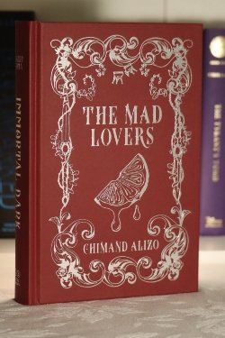 A red hardcover book with intriducte patterns on the front, with the title 'The 	Bad Lovers' overtop of a slice of orange, all done in silver.